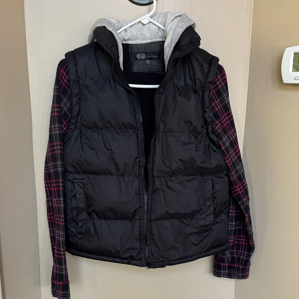 John Eshaya Black Puffer Vest with Plaid Sleeves P/S Good condition